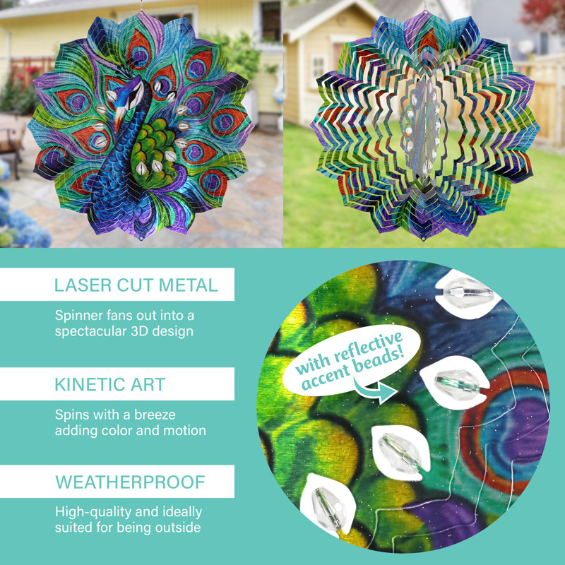 Exhart Laser Cut Peacock Hanging Wind Spinner with Bead Details, 12